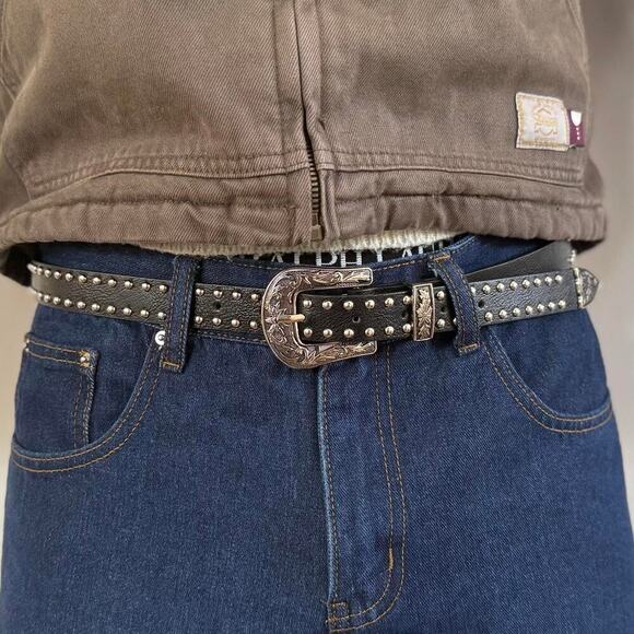2000s Western Black Silver Studded Belt – Vintage Style, Unisex, Brand New - Picture 1 of 8